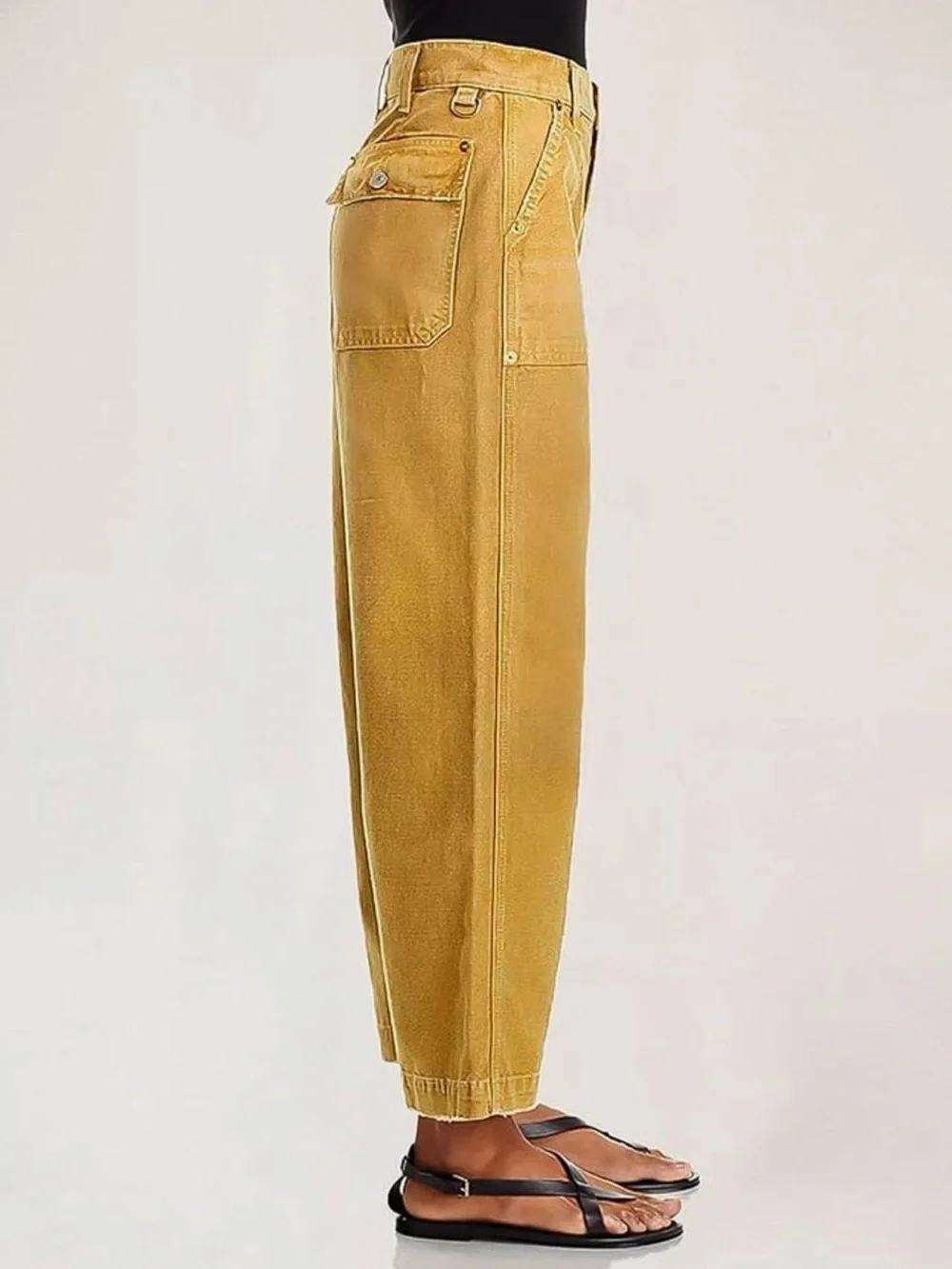 Flamingals Wide Leg Flap Pocket Mid Waist Cropped Pants Yellow